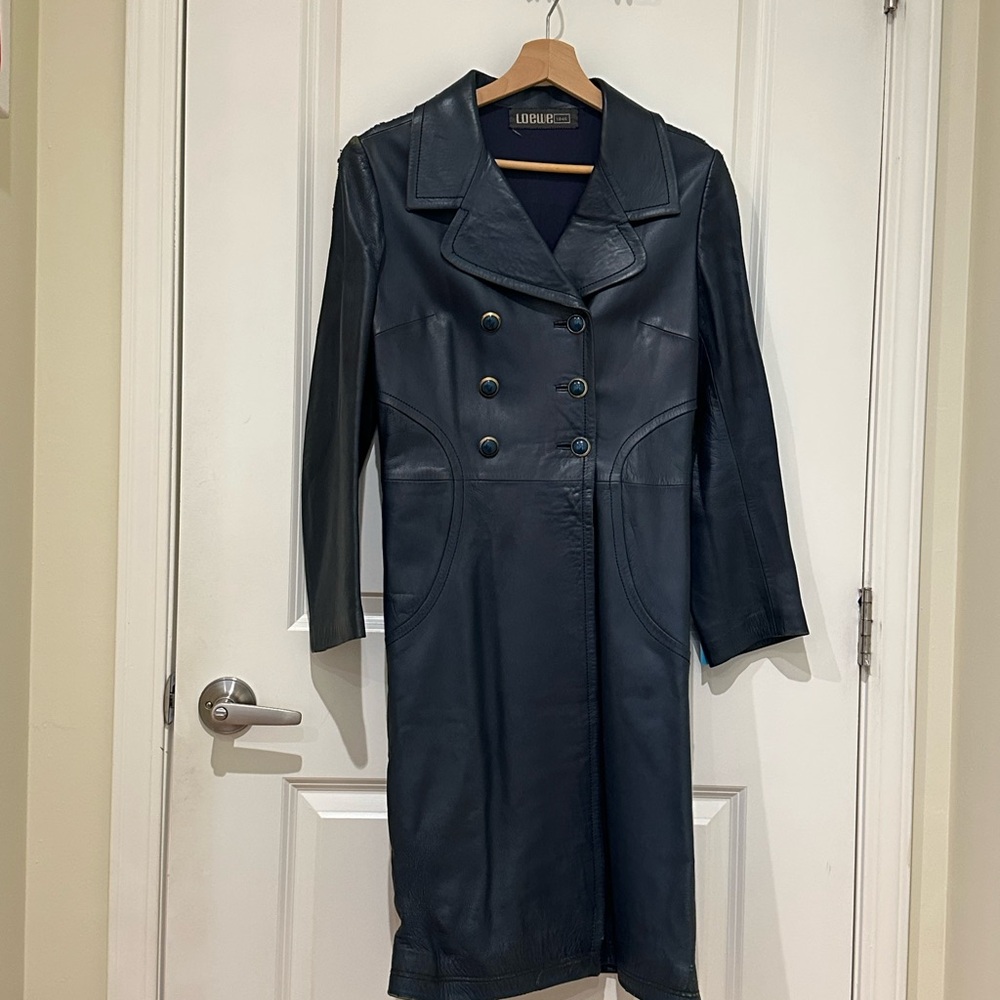 Vintage LOEWE 1846 Midnight Blue Leather Trench Coat